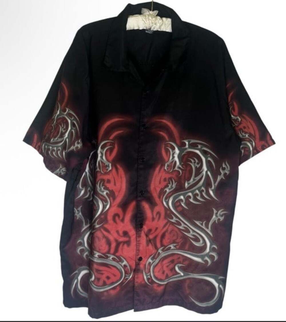 Vintage Steve And Barry’s Club Shirt Flames Dragon Button Up Sz XL Y2K Tribal
